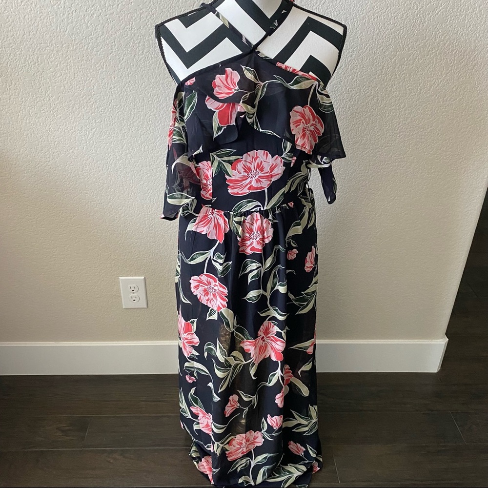 Japna || black halter floral maxi dress with cold shoulder ruffle layer